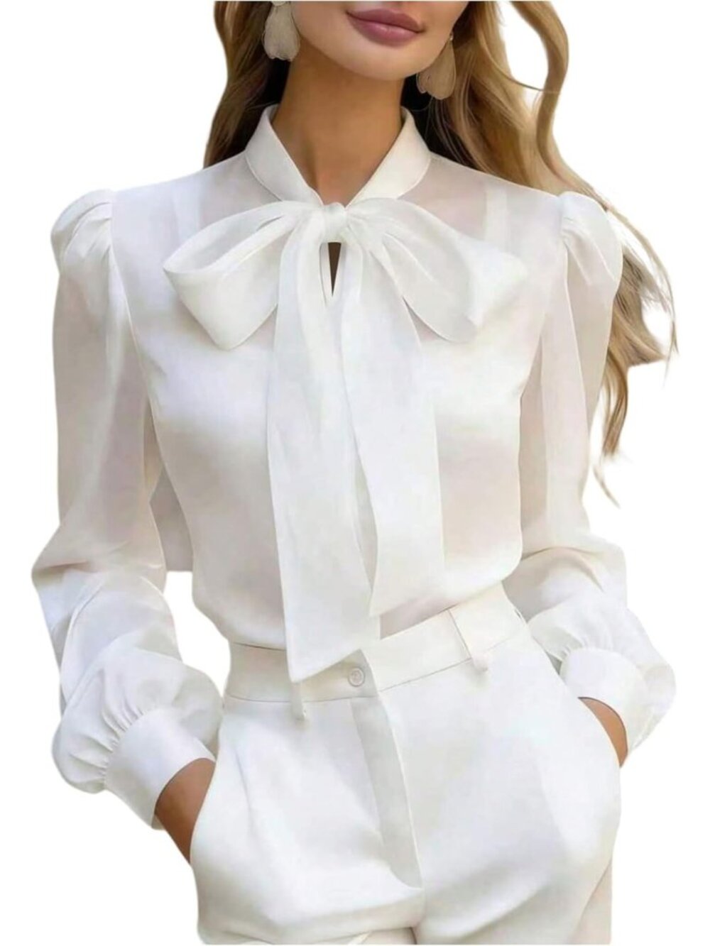 Elegant Tie Neck Bow Puff Sleeve Blouse | Chic Office Wear for Women
